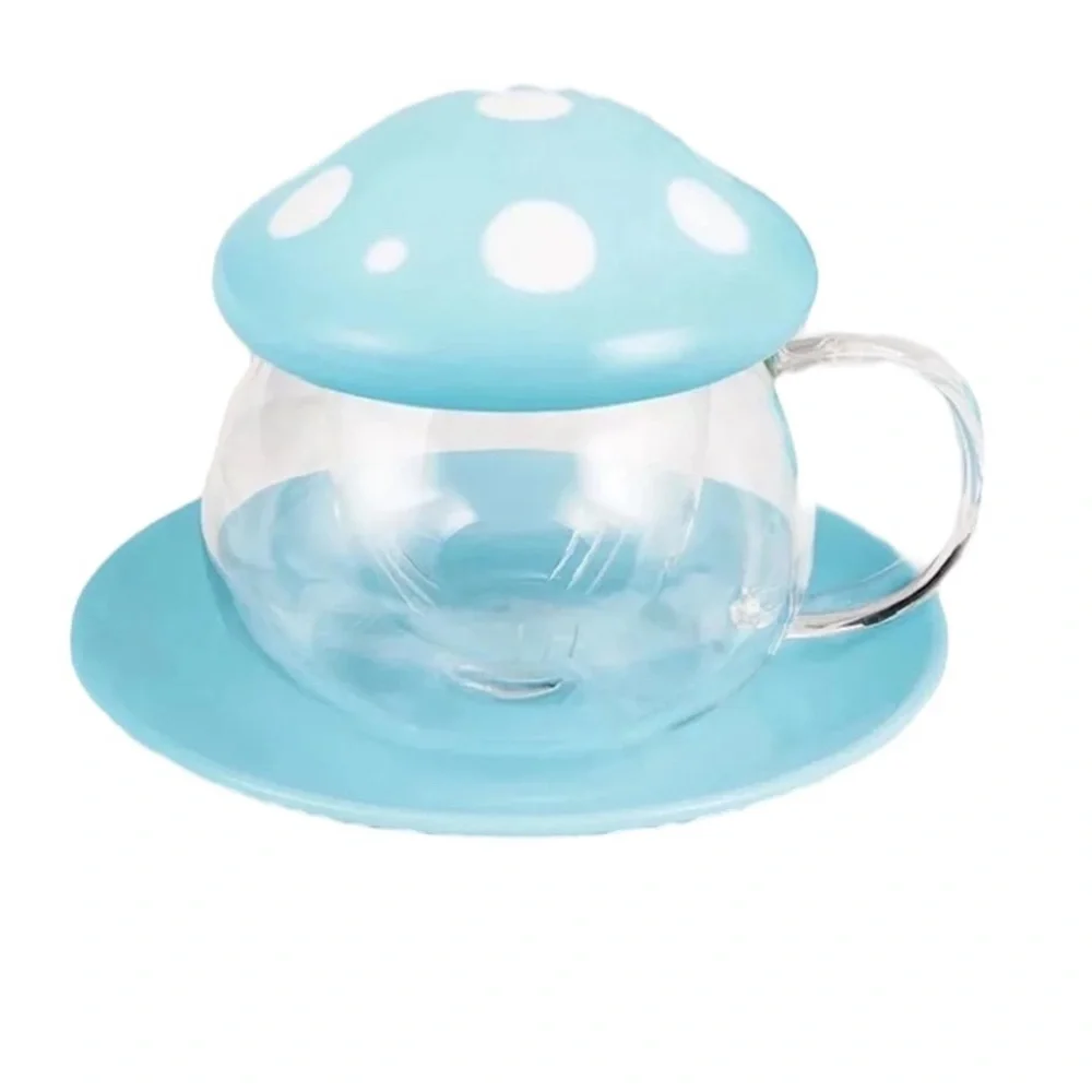 NIB Blue Mushroom Glass Tea Cup With Infuser Lid Saucer